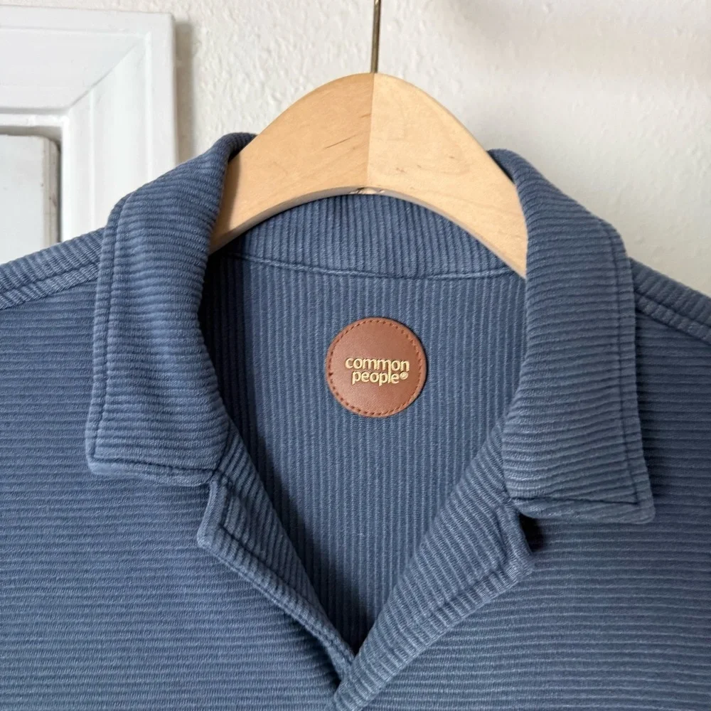 COMMON PEOPLE blue rib ribbed‎ knit cotton blend short sleeve button up shirt